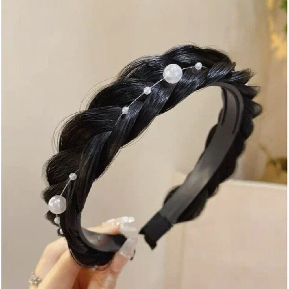 Braided Hair Headband with Pearls – Black Natural Look Costume Cosplay Accessory